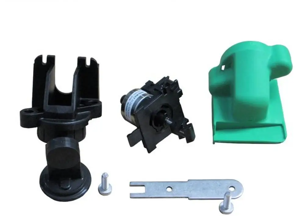 BOSCH Umsteuerventil Mischermodul mit mehreren Komponenten, darunter ein schwarzes Gehäuse, eine Motorantriebseinheit und eine grüne Abdeckung.
